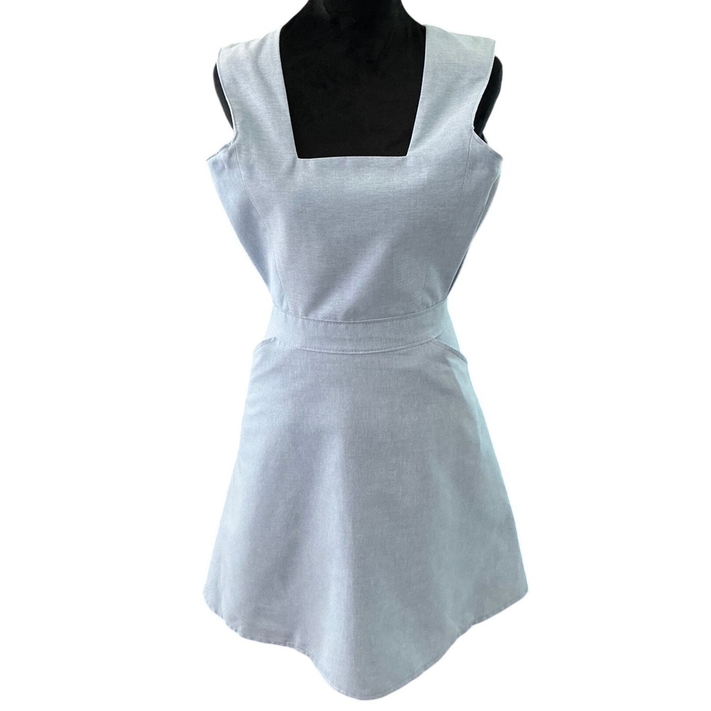 Light Blue Oxford Pinafore Dress Square Neck‎ Sleeveless A-Line Zipper Pocket